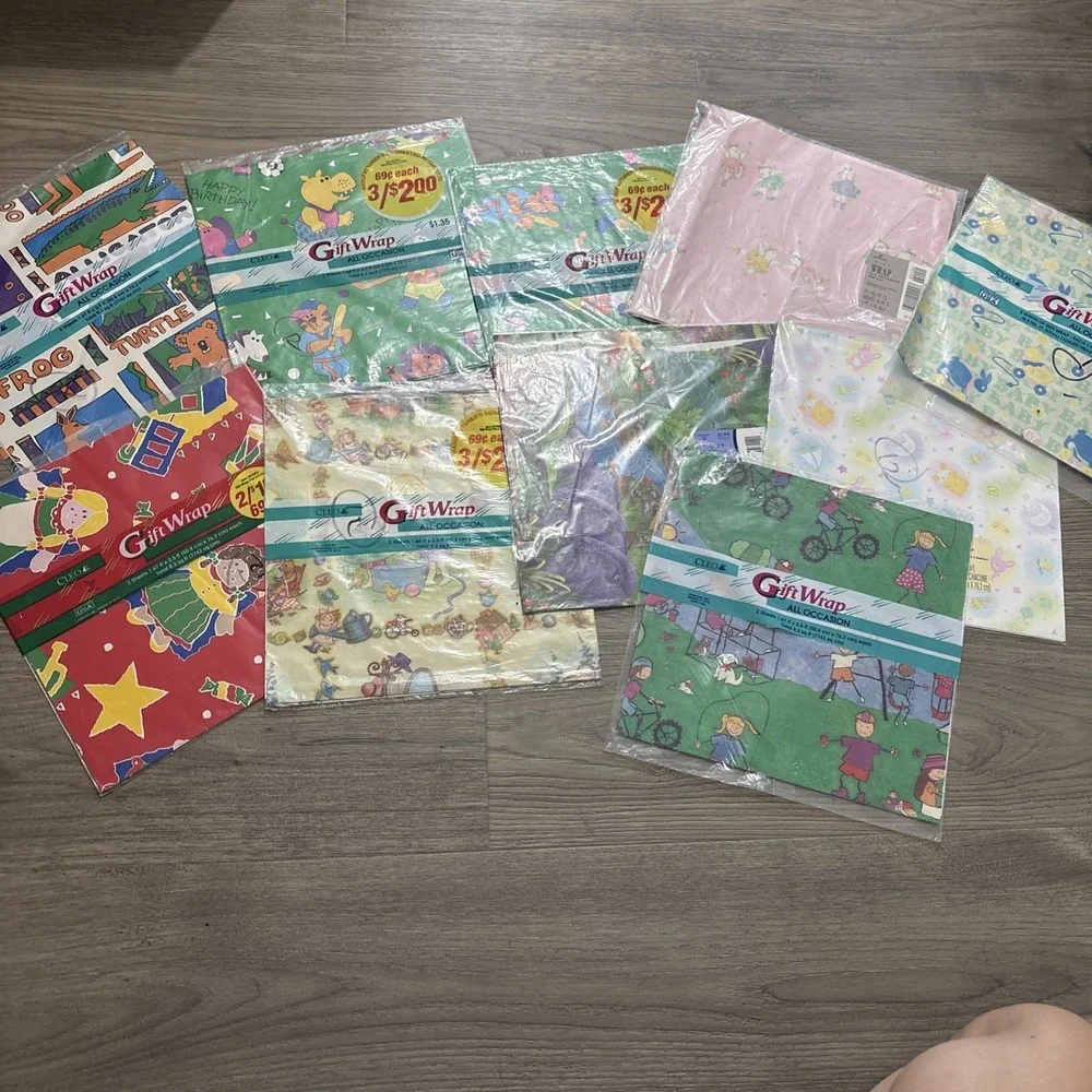 Lot of Vintage Gift wrapping paper Kids, Christmas, Girls, Boys, Toys, Dinosaurs